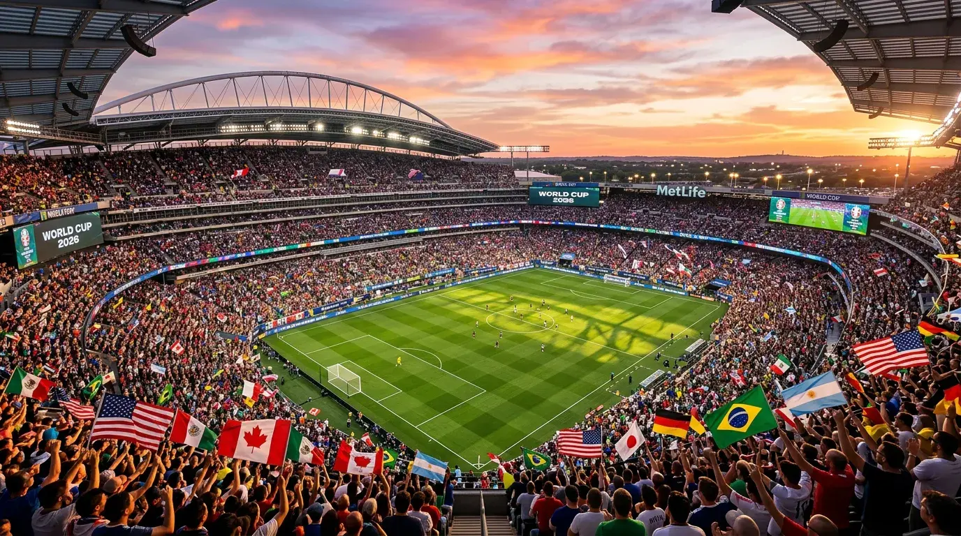 Foussballstadion mat Fans bei der Weltmeeschterschaft 2026