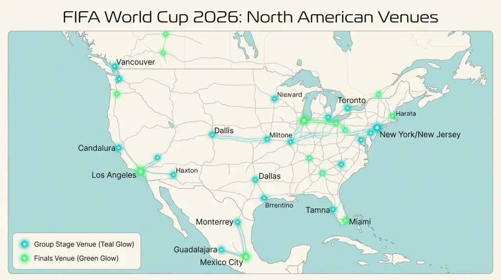 Kaart vun allen 16 WM 2026 Stadien an den USA, Mexiko a Kanada