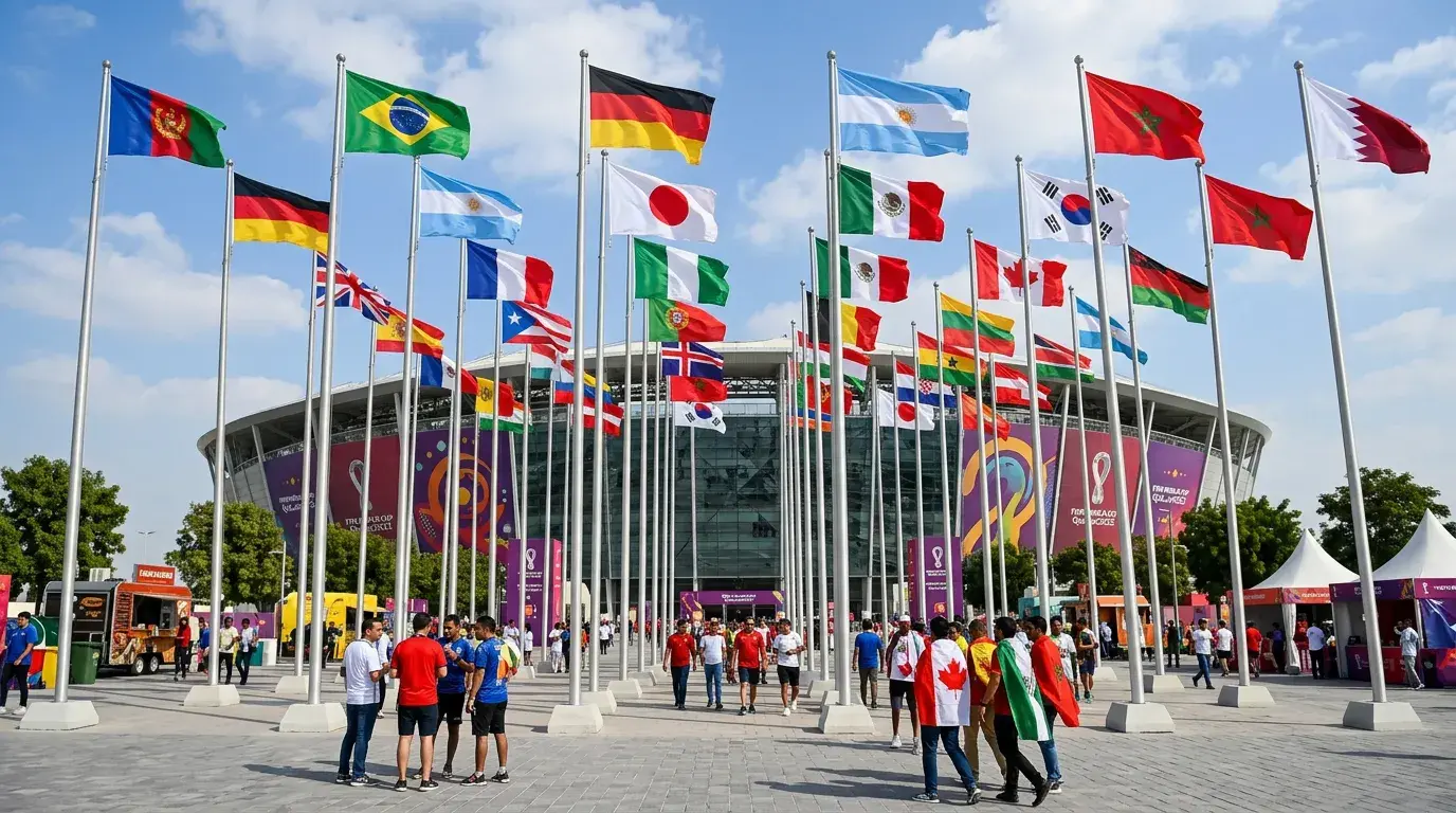 WM 2026 Gruppen mat Nationalfändelen vun all 48 Ekippen